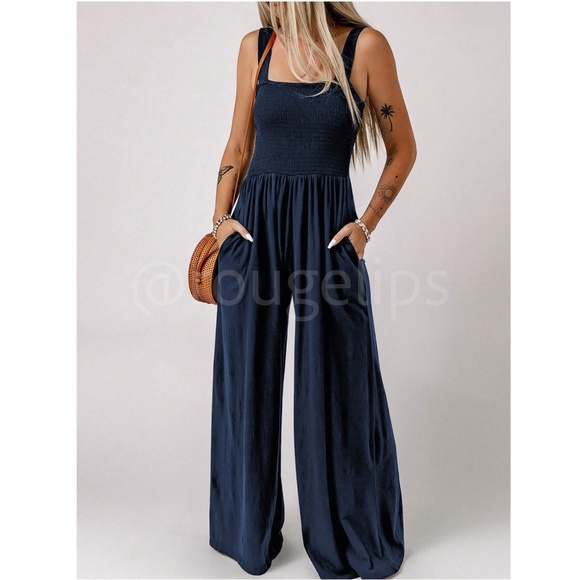 Navy Blue Jumpsuit Slant Pocket Wide Leg Shirred Bodice - Picture 5 of 10